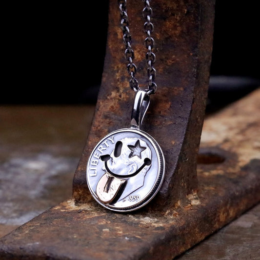 North Works N-624 Star Face Smile Sterling Silver Antique Coin Necklace