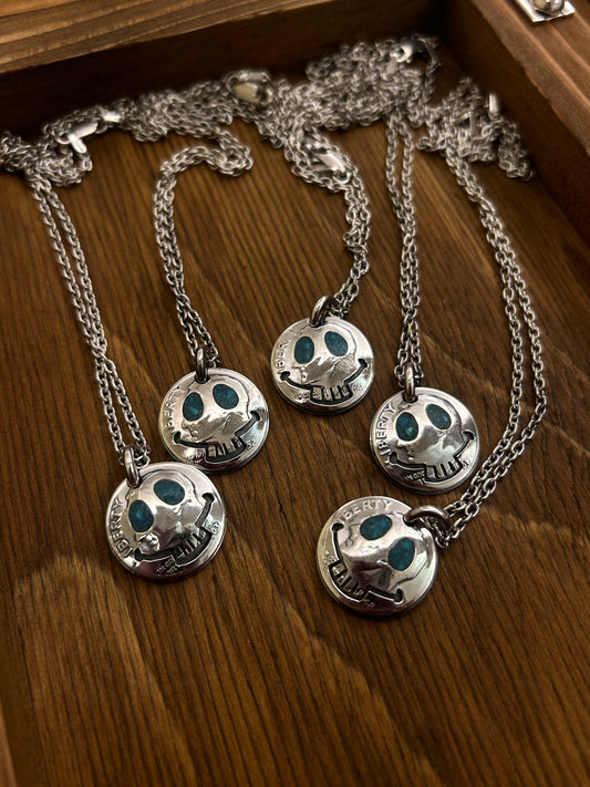 North Works Turquoise-Eye Skull Vintage Coin Necklace detail view