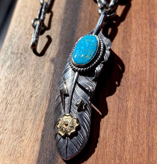Mt.hill Turquoise Gold Flower Feather Necklace