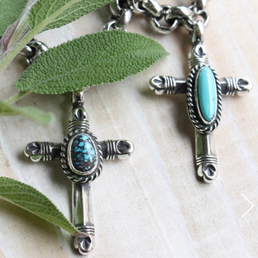 Mt.hill Sterling Silver Cross Bottony Necklace with Turquoise