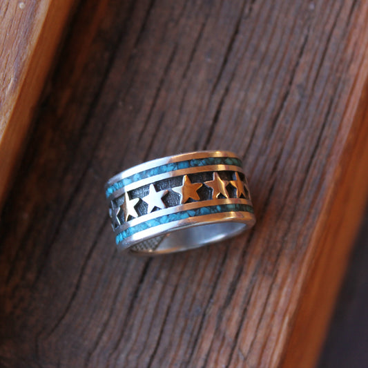 Mt.hill Stars and Stripes Turquoise Inlay Sterling Silver Ring
