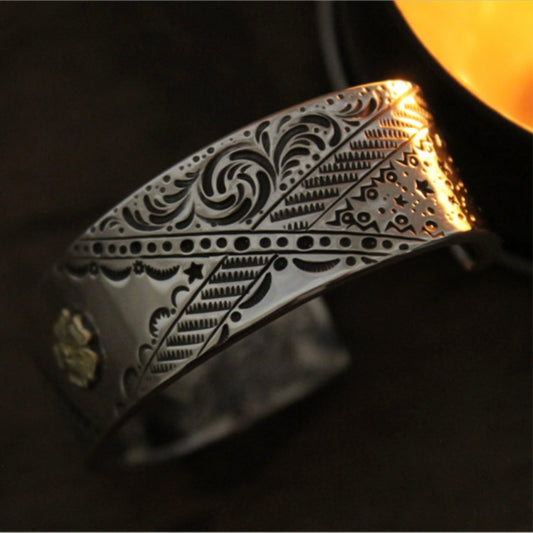 Mt.hill Hand-Stamped Britannia Silver Cuff with Gold Prairie Rose