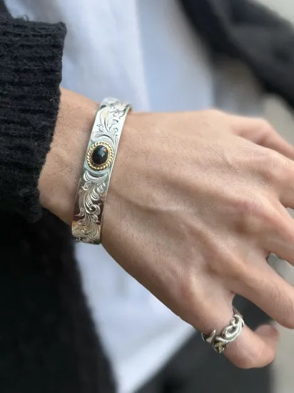 Dear Blossom black opal arabesque gold loop bangle