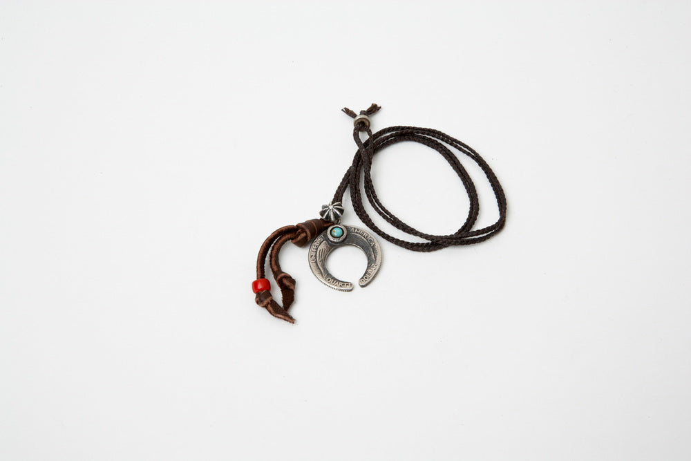 North Works D-228 Turquoise Silver Coin Naja Cord Necklace detail view