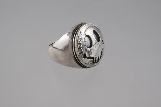 North Works Silver Skull Smiley Signet Ring (Antique Roosevelt Dime)