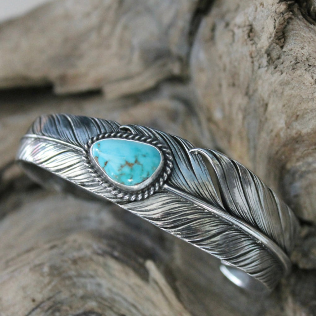 Mt.hill Slim Sterling Silver Feather Cuff with Blue Turquoise