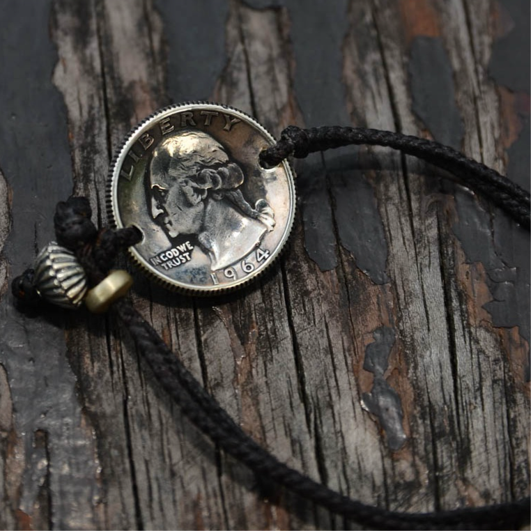 North Works D-203 Turquoise Silver Coin Cord Bracelet close-up
