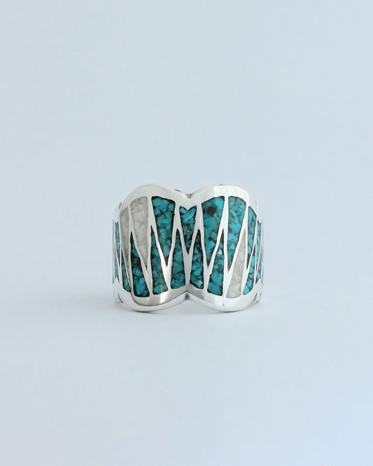 Mt.hill Shark Bite Turquoise & Coral Inlay Sterling Silver Ring