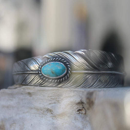 Mt.hill Slim Sterling Silver Feather Cuff with Blue Turquoise