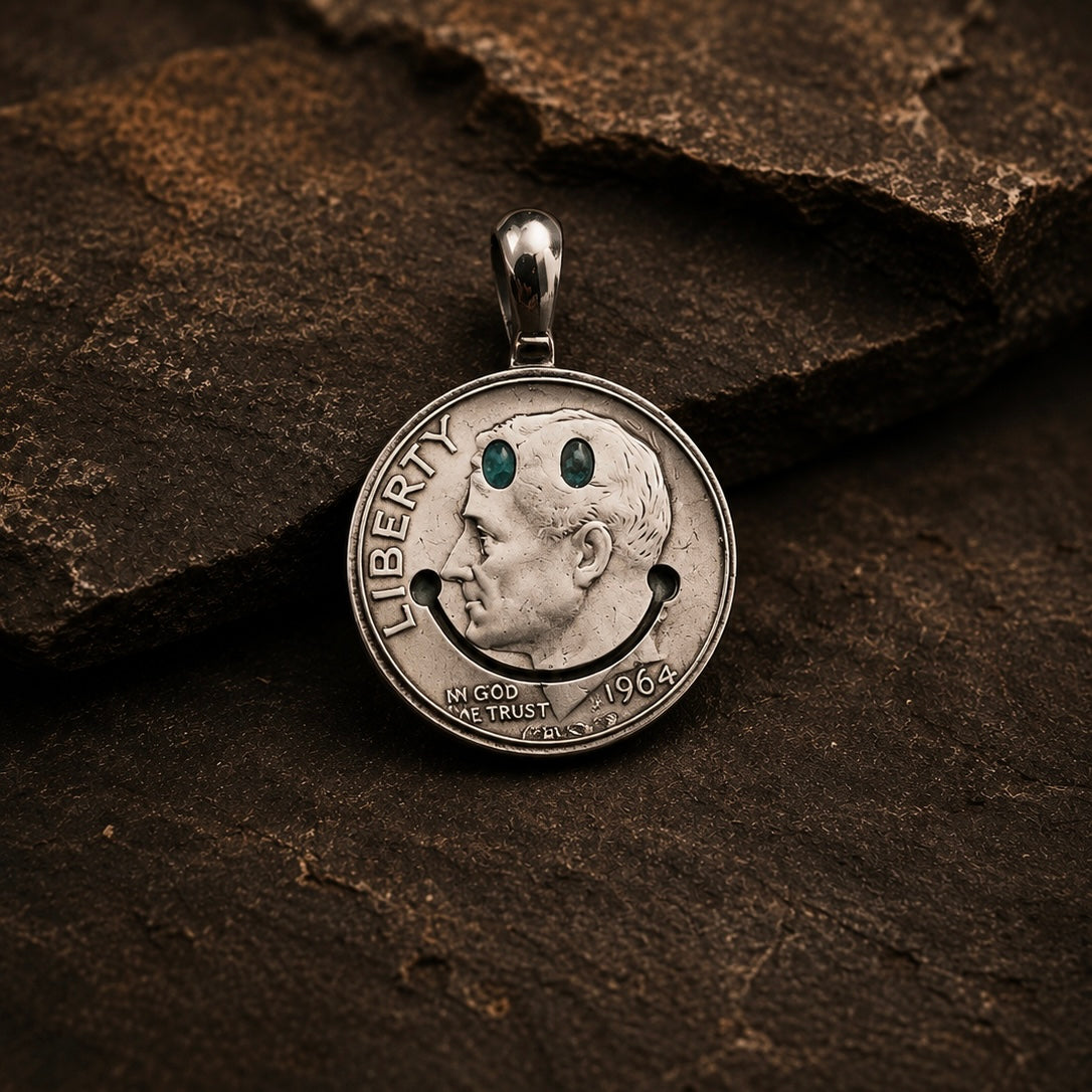 North Works Turquoise-Eye Smile Antique Coin Necklace