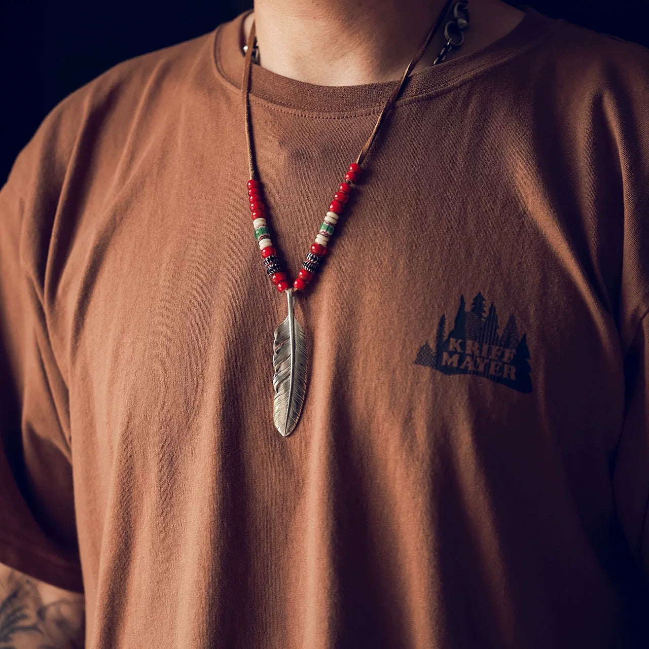 Mt.hill Feather Necklace with Red White Heart & Chevron Beads