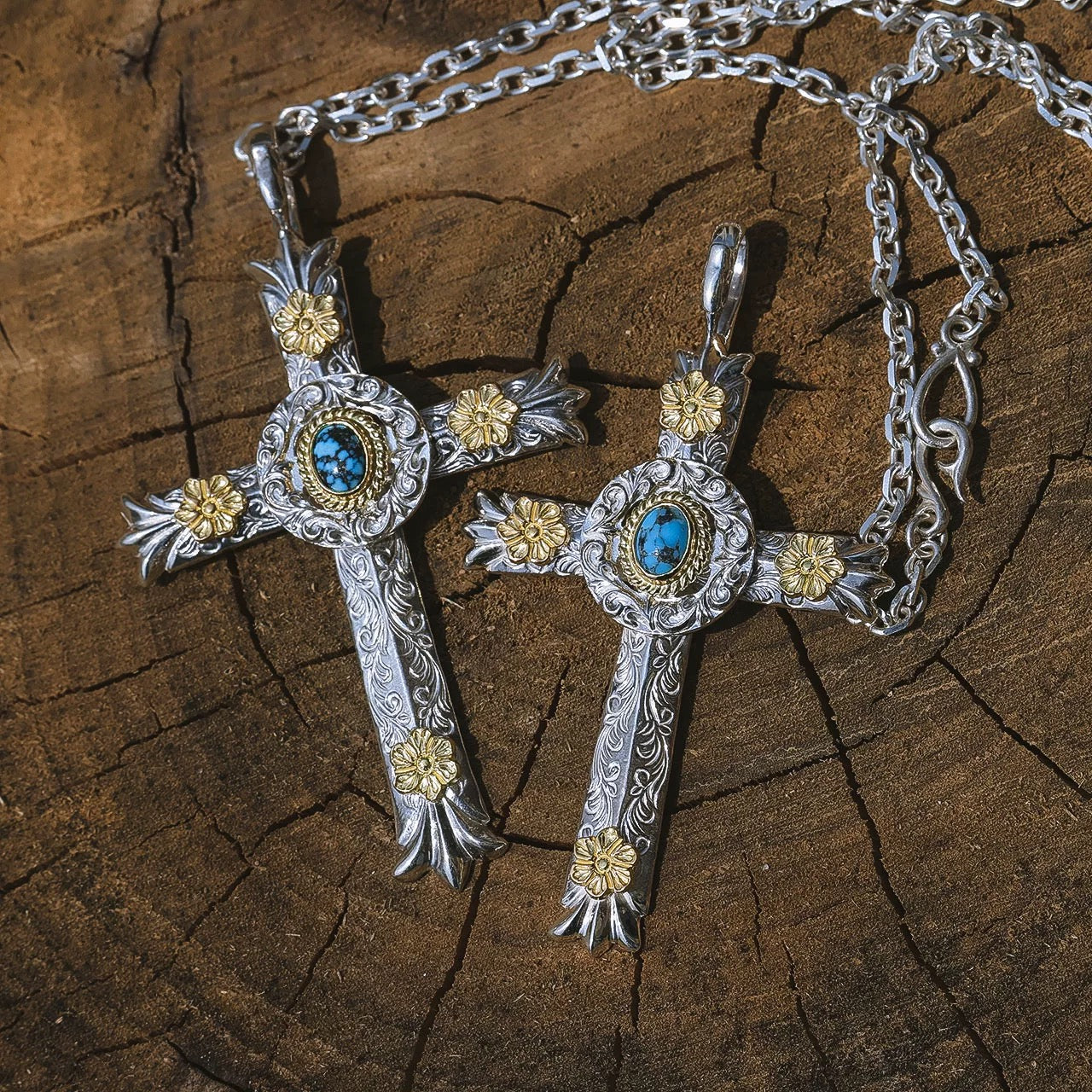 Dear Blossom 18K gold floral arabesque turquoise cross pendant