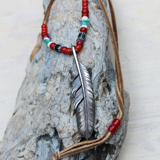 [Mt.hill] Feather Necklace with red beads/ Chevron Beads