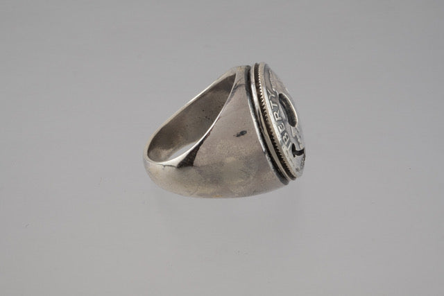North Works Silver Skull Smiley Signet Ring (Antique Roosevelt Dime)