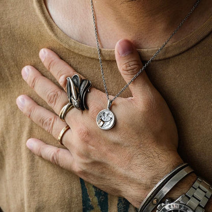 [North Works] N-624 Star Face Smile Silver Coin Necklace