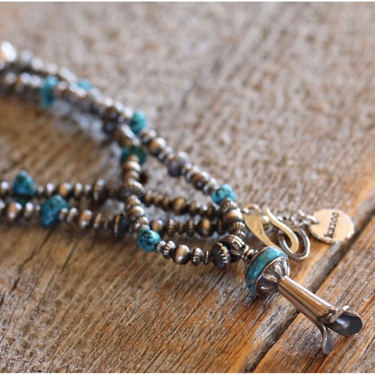 [Kazoo] Squash Blossom Silver Beads Turquoise Necklace