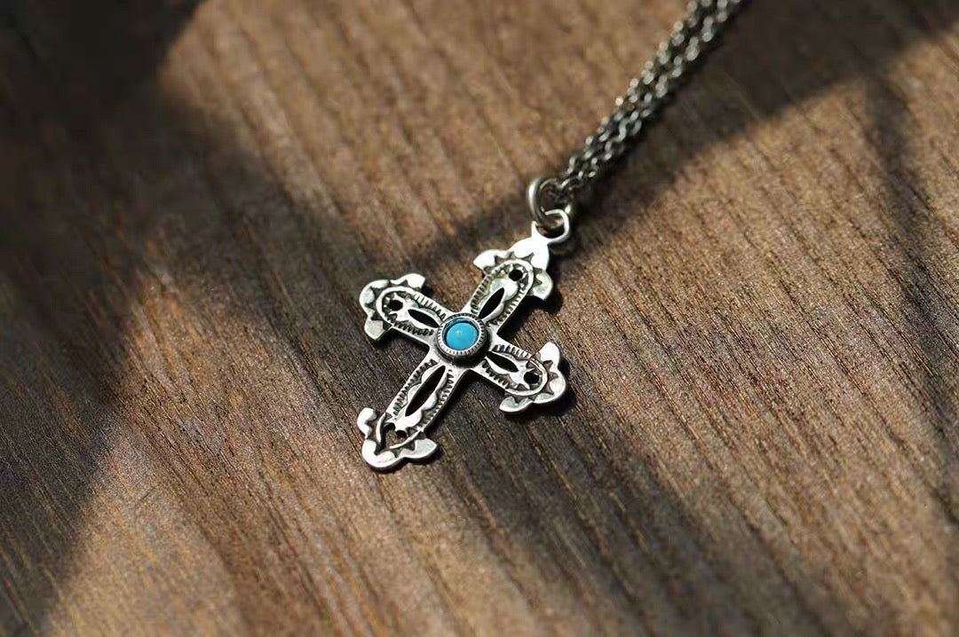 North Works Sterling Silver Turquoise Cross Pendant Necklace