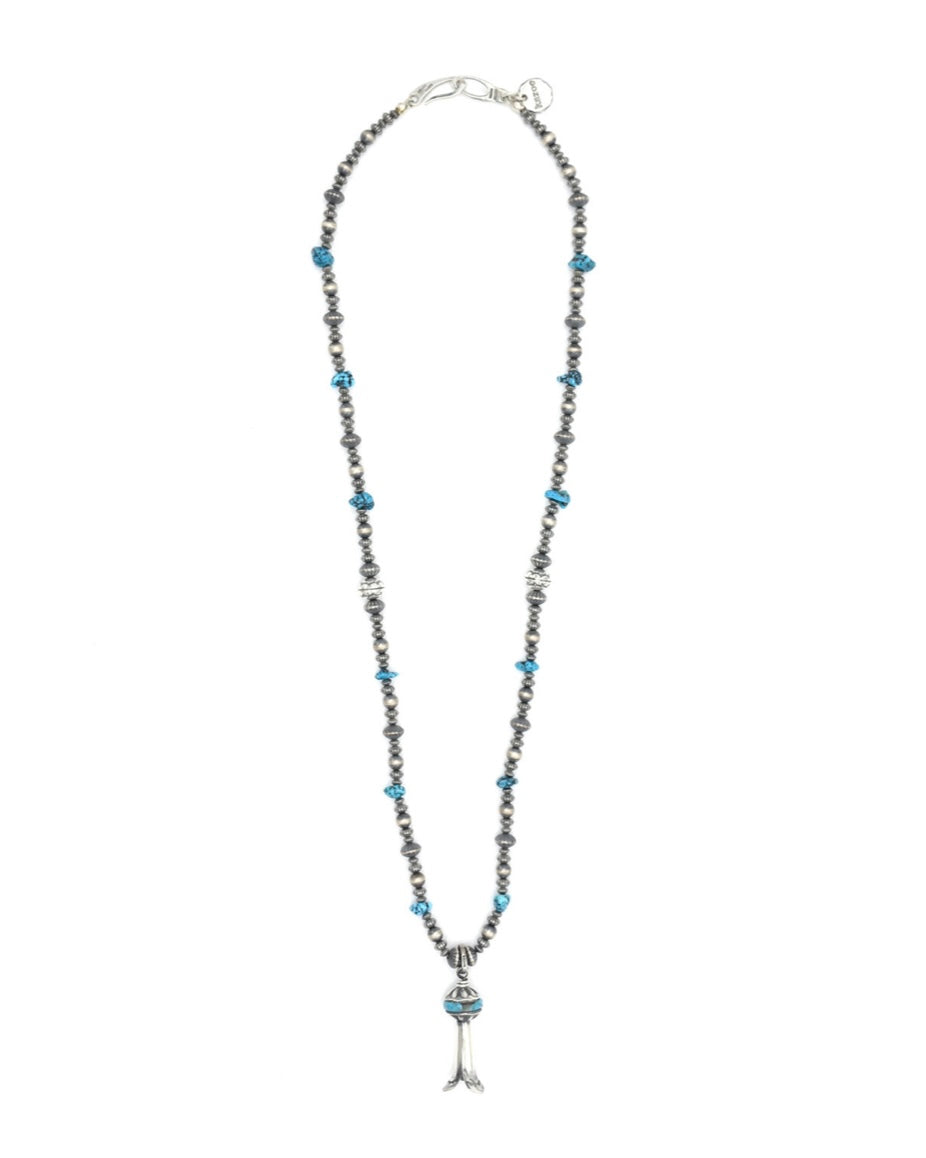 [Kazoo] Squash Blossom Silver Beads Turquoise Necklace