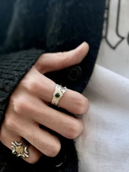 [Dear Blossom] Black Opal Gold Rope Feather Ring