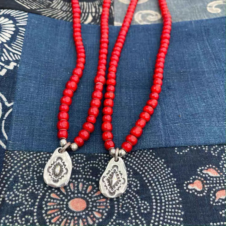 [Mt.hill] Sterling Silver Nugget Top with Red Beads Necklace