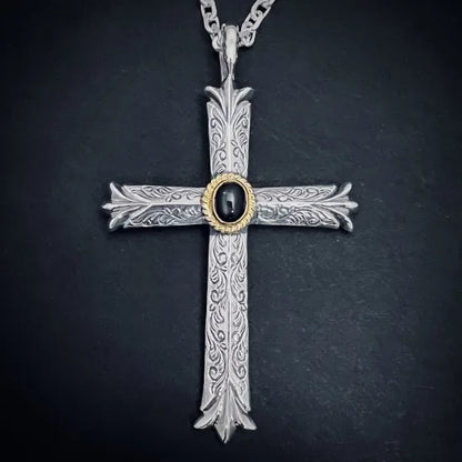 [Dear Blossom] Black Opal Floral Cross Pendant