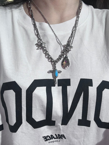 [North Works] Gem Tear Drop Necklace- vintage coin made