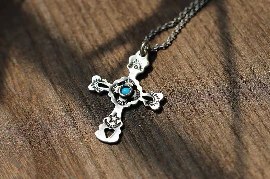 North Works Sterling Silver Turquoise Cross Pendant Necklace