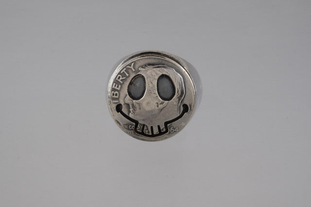 North Works Silver Skull Smiley Signet Ring (Antique Roosevelt Dime)