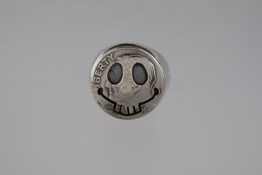 North Works Silver Skull Smiley Signet Ring (Antique Roosevelt Dime)
