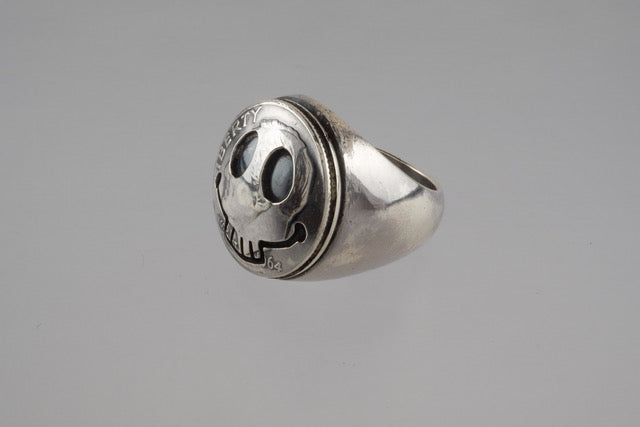 North Works Silver Skull Smiley Signet Ring (Antique Roosevelt Dime)