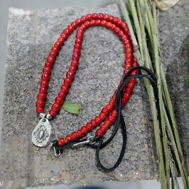 [Mt.hill] Sterling Silver Nugget Top with Red Beads Necklace
