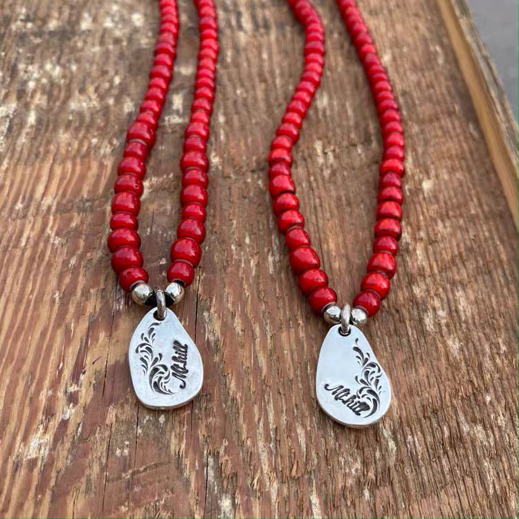 [Mt.hill] Sterling Silver Nugget Top with Red Beads Necklace