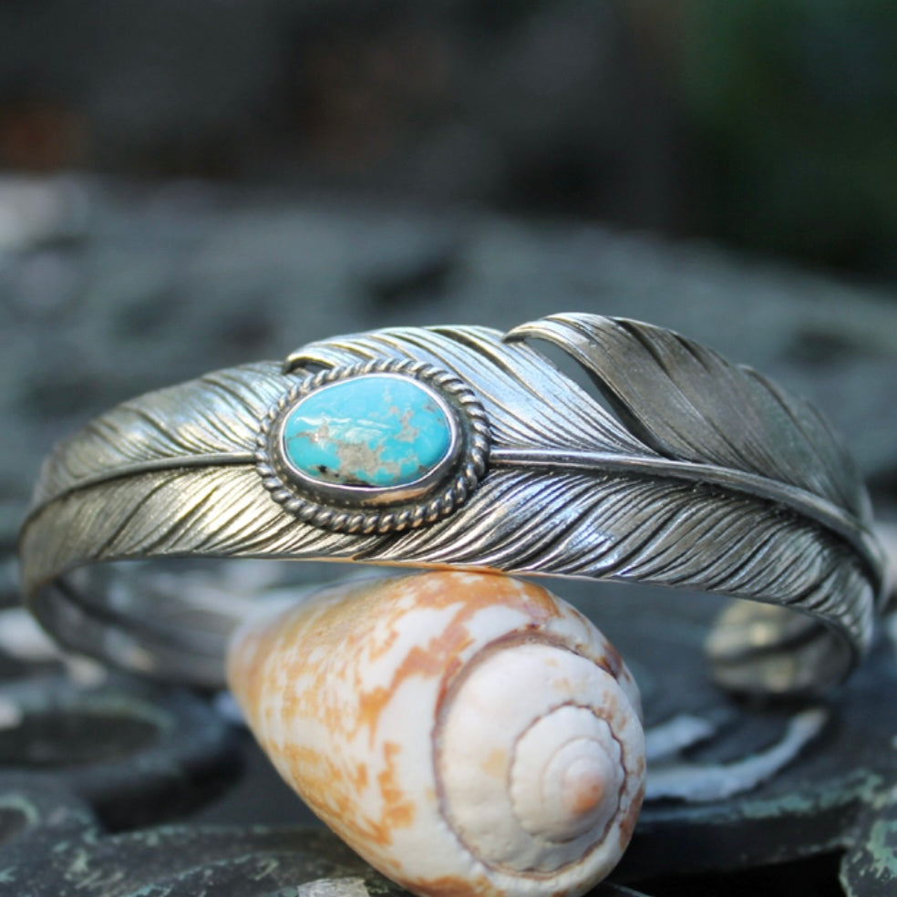 [Mt.hill] Blue Turquoise Sterling Silver Feather Cuff Slim