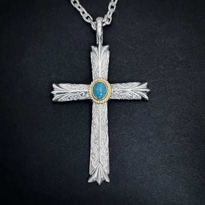 [Dear Blossom] Gold Tope Turquoise Arabesque Silver Cross Pendant