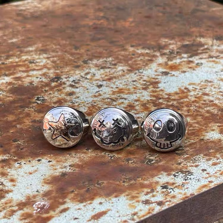 North Works Silver Skull Smiley Signet Ring (Antique Roosevelt Dime)