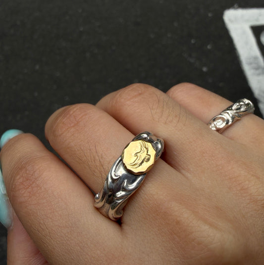 Dear Blossom 18K gold eagle arabesque sterling silver ring