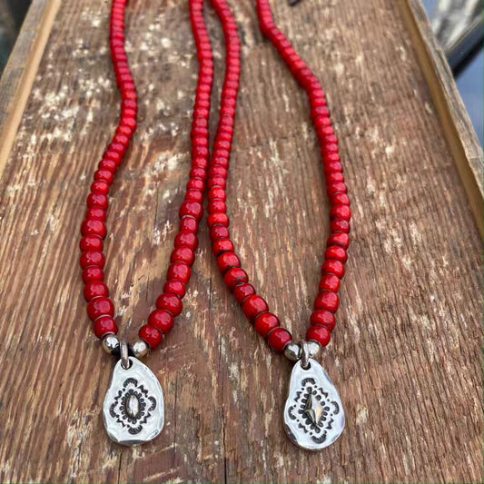 [Mt.hill] Sterling Silver Nugget Top with Red Beads Necklace