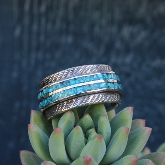 Mt.hill Turquoise Chip Inlay Ring Wide Sterling Silver Handcraft Ring