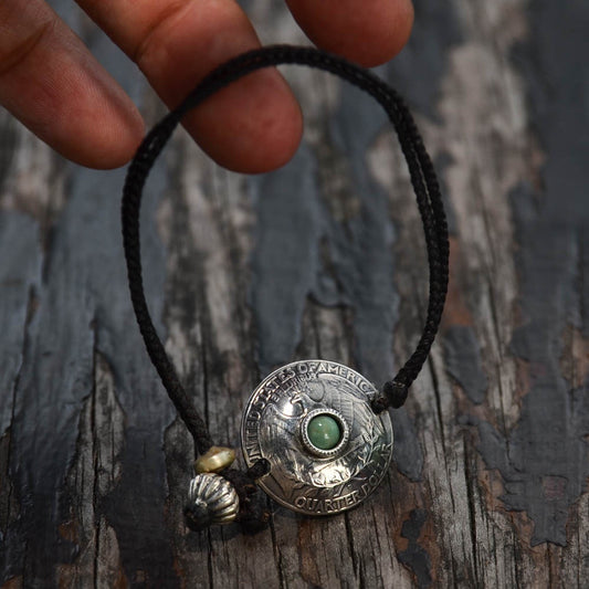 [North Works] Silver Coin Turquoise Waxed Cord Bracelet D-203