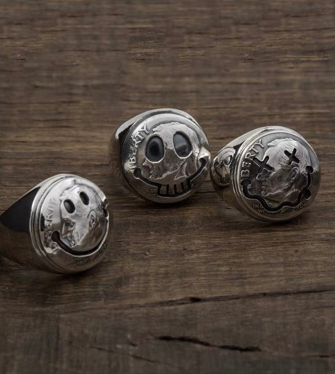 North Works Silver Skull Smiley Signet Ring (Antique Roosevelt Dime)