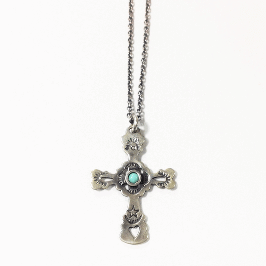North Works Sterling Silver Turquoise Cross Pendant Necklace