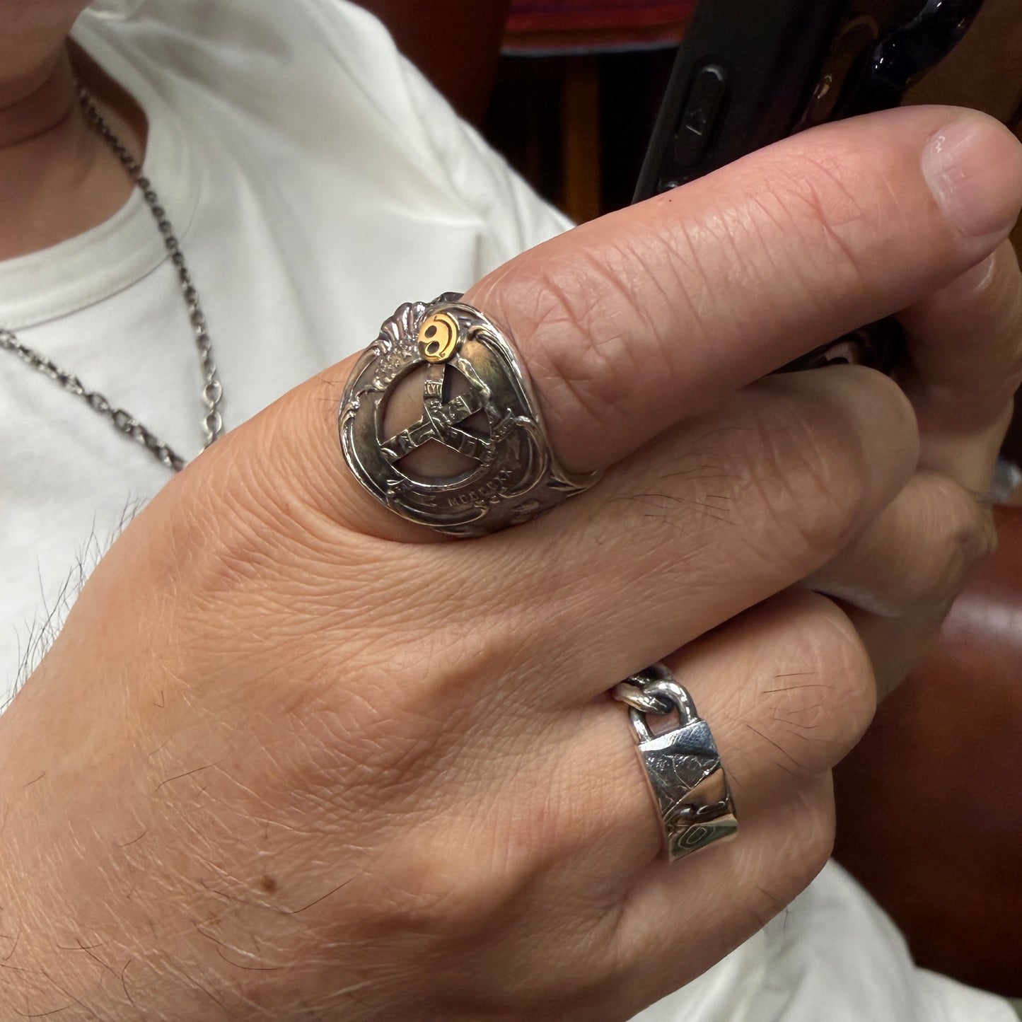 Blind Man Togs Peace & Smile Ring- vintage silver spoon/ 18ct gold