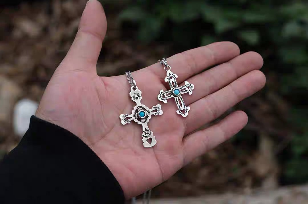 North Works Sterling Silver Turquoise Cross Pendant Necklace