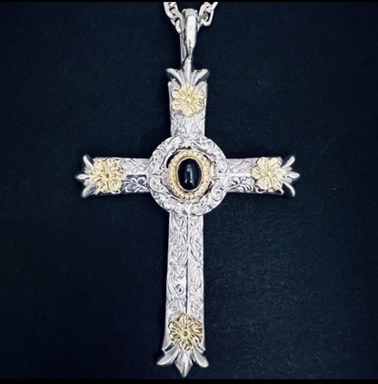 [Dear Blossom] Black Opal Floral Cross Pendant
