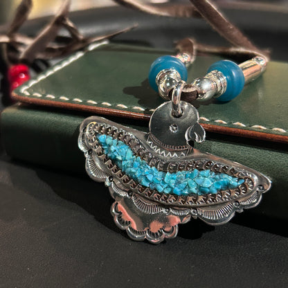 [Mt. Hill] Turquoise chip Inlayed Thunder Bird Necklace