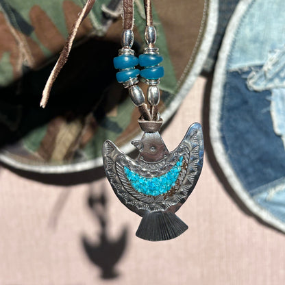 [Mt. Hill] Turquoise chip Inlayed Thunder Bird Necklace/Pendant- 925 Sterling Siver/ Artisan Jewellry