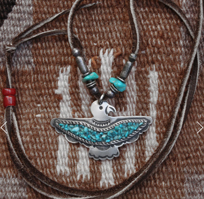 [Mt. Hill] Turquoise chip Inlayed Thunder Bird Necklace