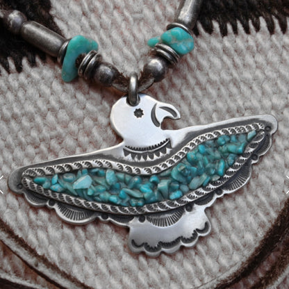 [Mt. Hill] Turquoise chip Inlayed Thunder Bird Necklace