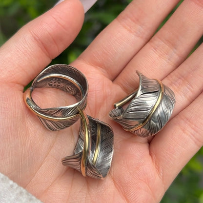 [CHOLOS] Handmade Feather Ring w/Golden stem 925 Silver