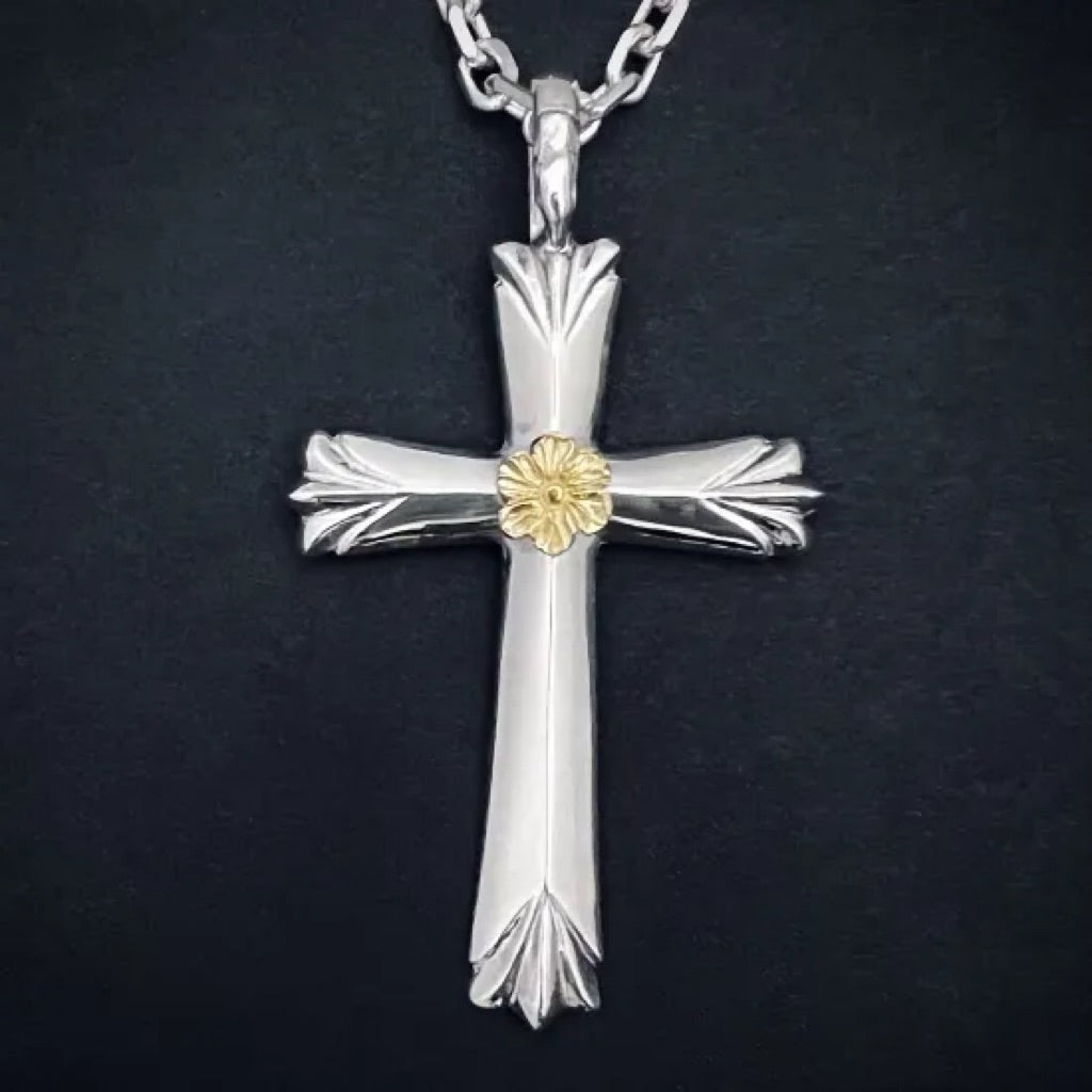 Dear Blossom 18K Gold Flower Fleur-de-Lis Cross Pendant